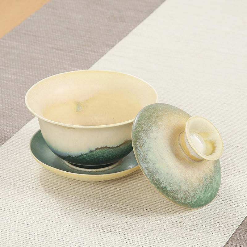 Green Ocean Waves Design Porcelain Ceramic Gaiwan Sancai Teacup Kung Fu Tea Cup And Saucer With Lid
