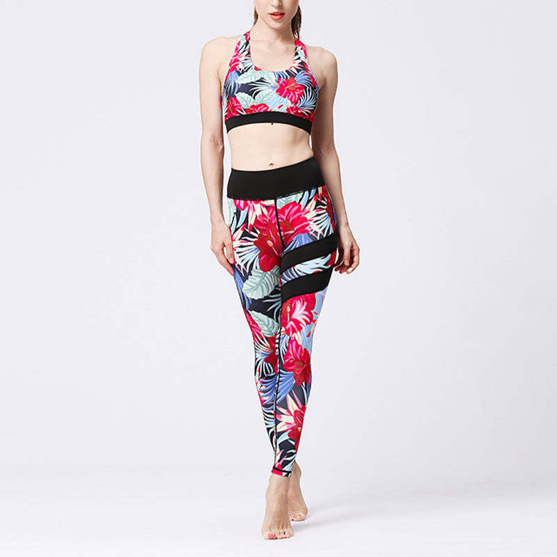 2Pcs Sunflower Flowers Leaves Print Top Pants Sports Fitness Yoga Women's Yoga Sets