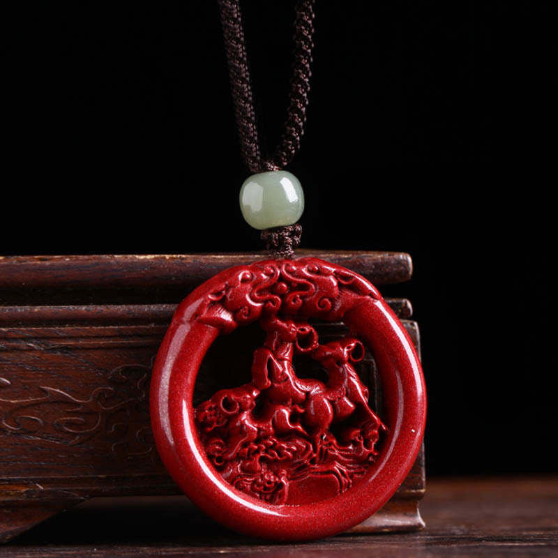 Chinese Zodiac Cinnabar Hetian Jade Peace Buckle Calm Necklace Pendant