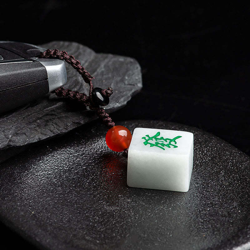 Natural Jade Mahjong Fa Character Wealth Prosperity Phone Hanging Key Chain Decoration