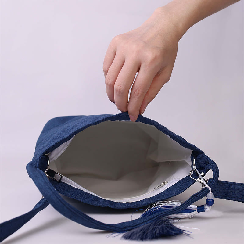 Embroidery Wisteria Plum Lotus Cherry Blossom Cotton Linen Canvas Tote Crossbody Bag Shoulder Bag Handbag