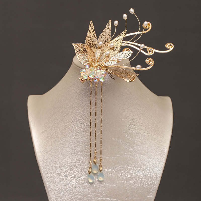 Traditional Chinese Golden Leaf Flower Tassel Hair Clip