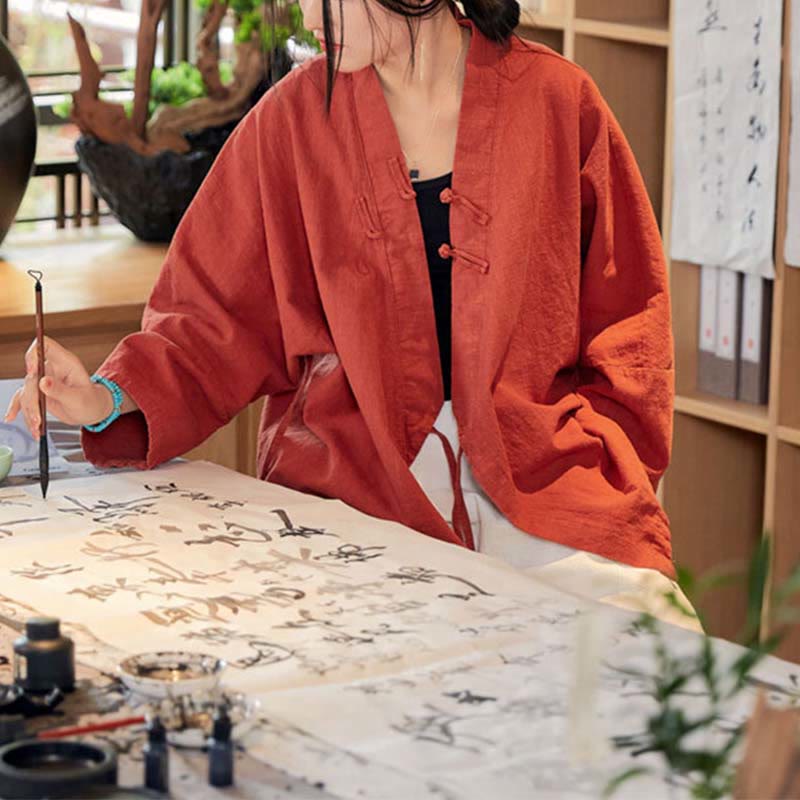 Frog-Button Hanfu Design Long Sleeve Coat Zen Meditation Open Front Top Jacket