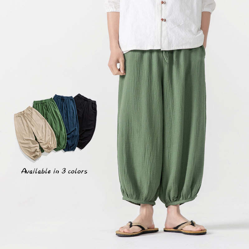 Soft Solid Color Drawstring Cotton Men's Pants With Pockets