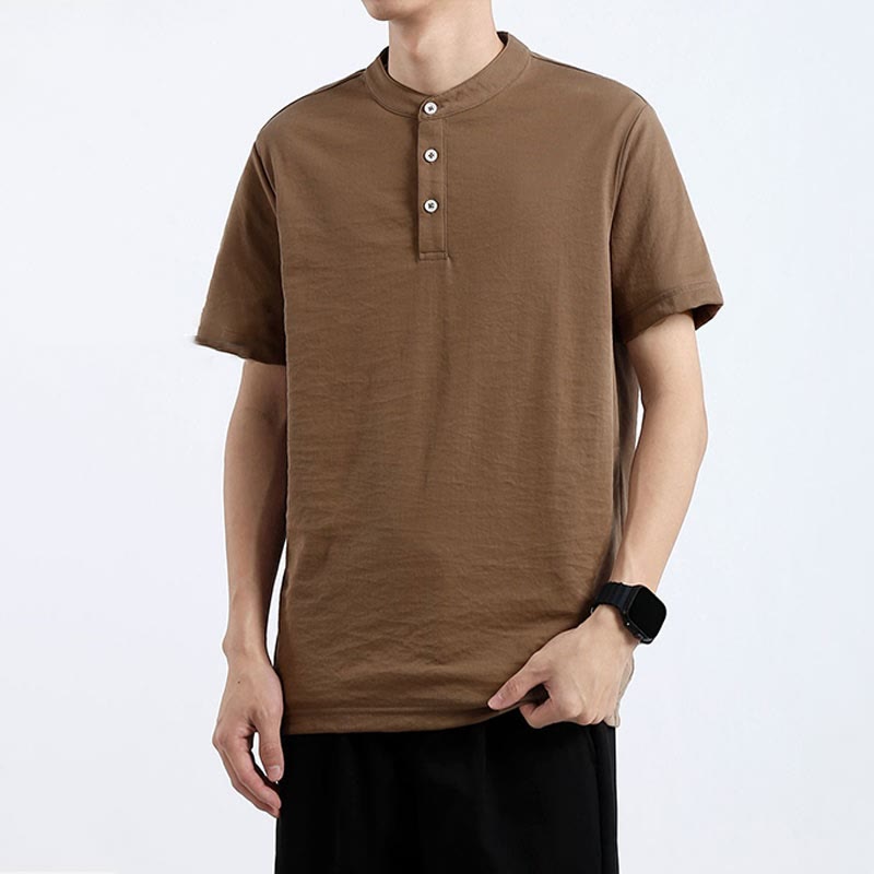 Summer Short Sleeve Half Button Shirt Cotton Linen Men Clothing