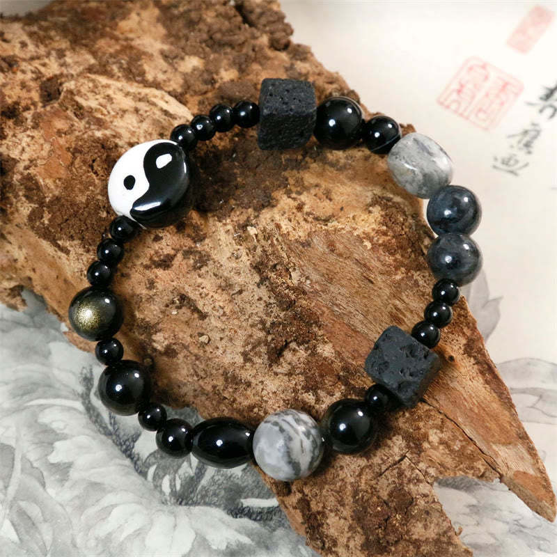 Black Onyx Picasso Jasper Bead Yin Yang Fortune Protection Bracelet