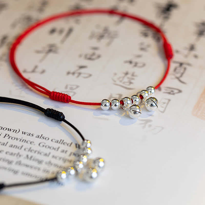 925 Sterling Silver Red String Braid Bell Charm Anklet