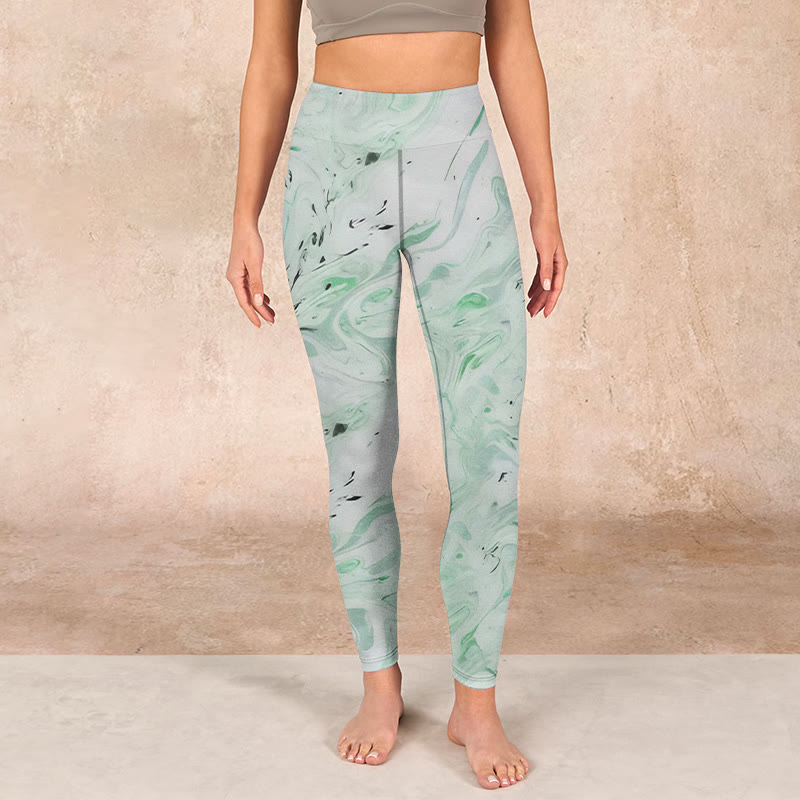Honeydew Green White Flow Line Print Exercise Leggings Women's Yoga Pants