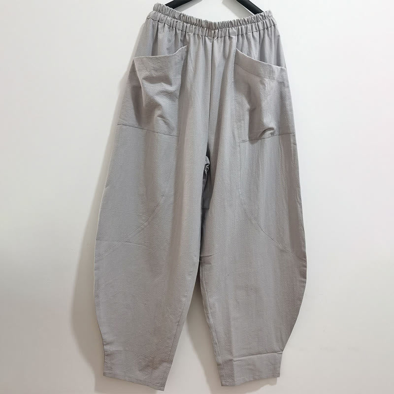 Solid Color Cotton Ramie Linen Men's Elastic Waist Harem Pants With Pockets