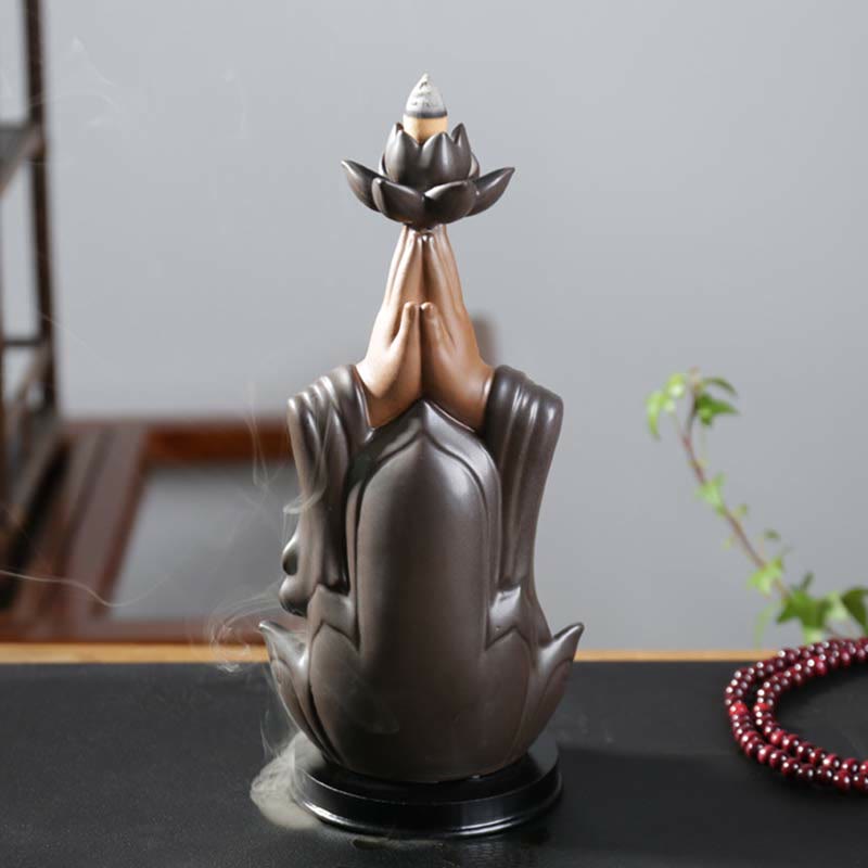 mystic zen Avalokitesvara Chenrezig Ksitigarbha Ceramic Lotus Blessing Backflow Incense Burner