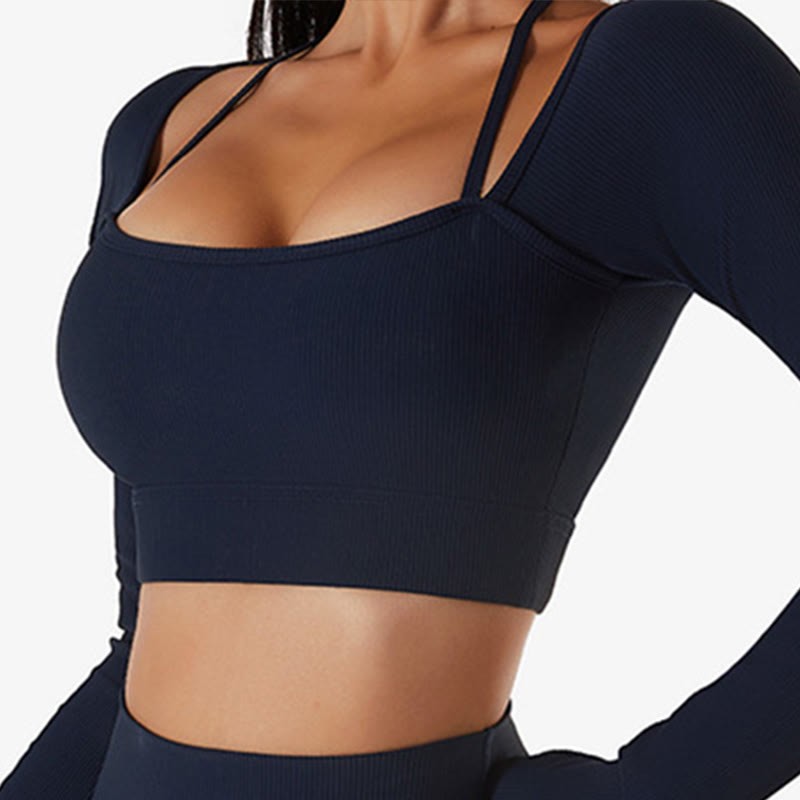 Ribbed Long Sleeve Crop Top T-shirt Shorts Sports Fitness Gym Yoga Outfits