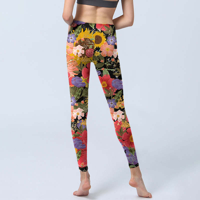 Sunflowers Pink Purple Flowers Print Sports Fitness Leggings Women's Yoga Pants