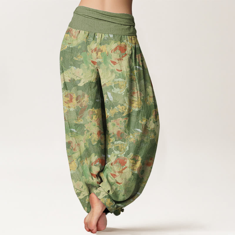 Rose Flowers Pattern Women's Elastic Waist Harem Pants
