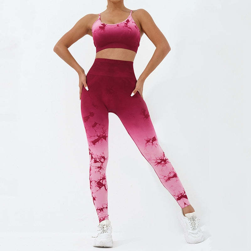 2Pcs Simple Tie Dye Print Crop Tank Top High Waist Pants Sports Gym Outfits Women's Yoga Sets