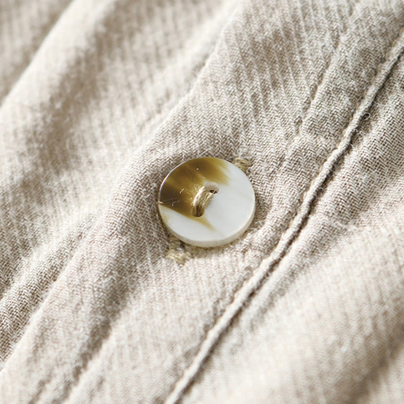 Causal Plain Lapel Ramie Linen Half Button Men's Shirt