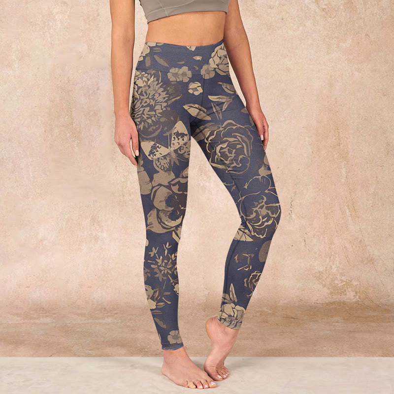 Peony Flowers Leaves Blossom Print Gym Fitness Leggings Women's Yoga Pants