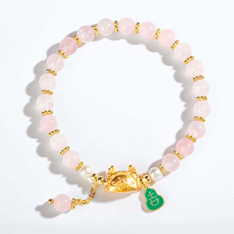 Year Of The Dragon Natural Red Agate Pink Crystal Black Onyx Dumpling Luck Fu Character Bracelet