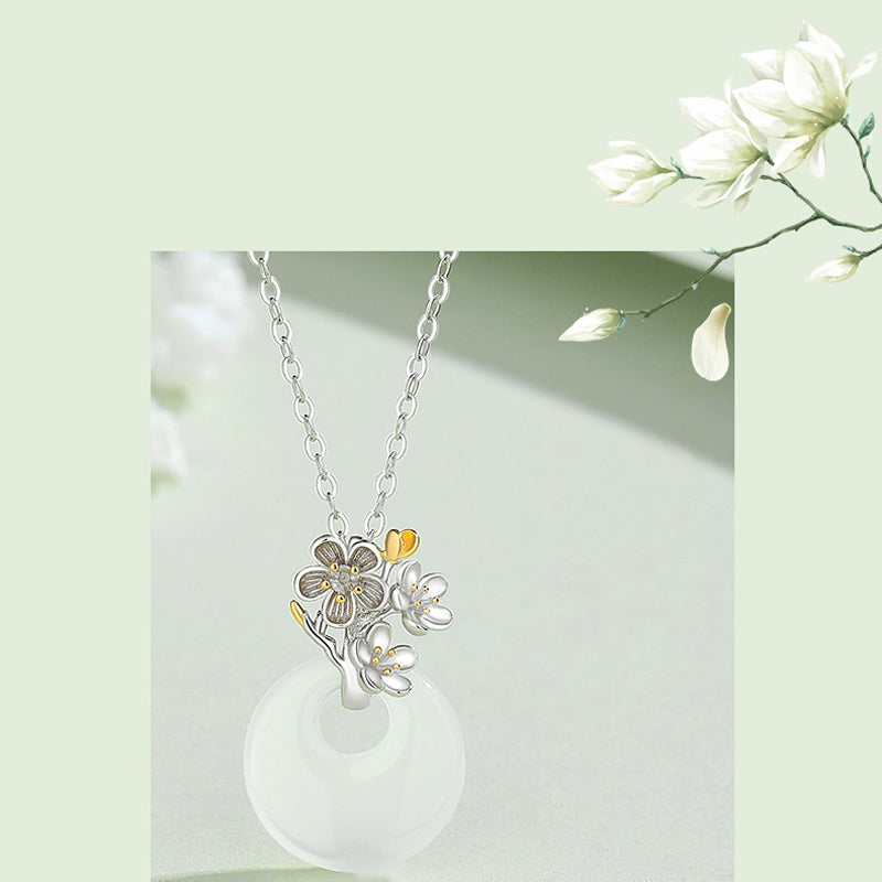 925 Sterling Silver Round Chalcedony Twelve Months Flower Harmony Necklace Pendant