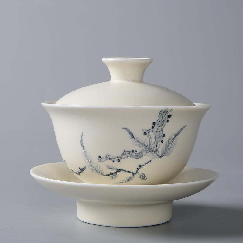 Hand Painted Pomegranate Hibiscus Pine Lotus Ceramic Gaiwan Sancai Teacup Kung Fu Tea Cup And Saucer With Lid