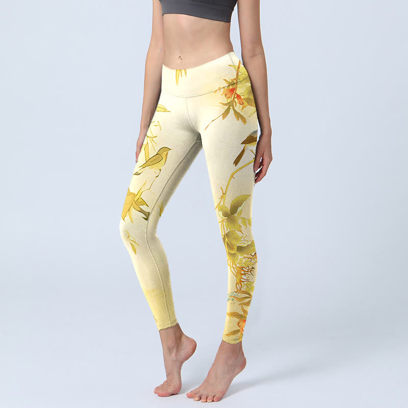 Light Yellow Peony Flowers Birds Print Sports Leggings Women's Yoga Pants