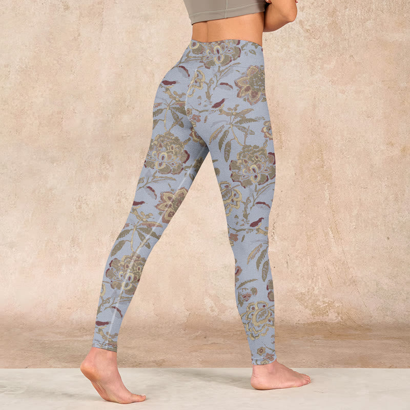 Grey Green Leaves Flowers Print Gym Leggings Women's Yoga Pants