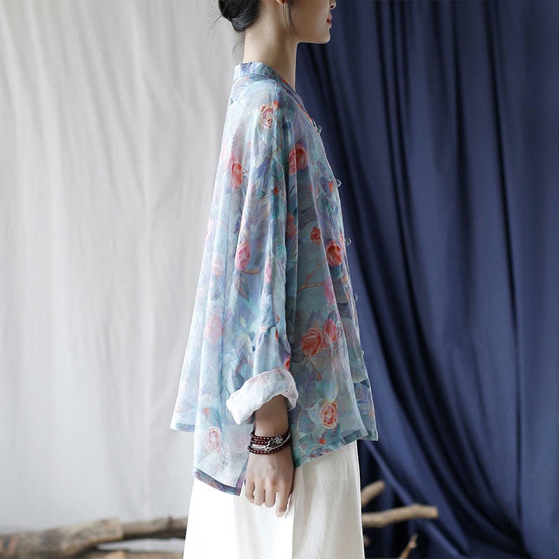 Pink Flowers Green Leaves Print Frog-button Design Long Sleeve Ramie Linen Jacket Shirt