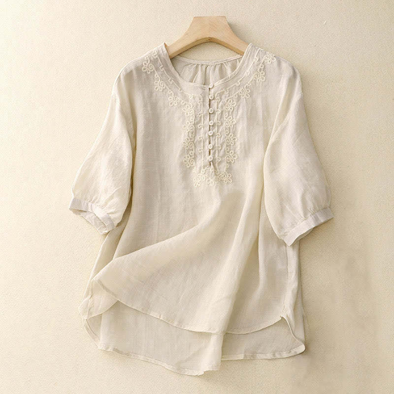 Casual Women's Plain Frog Buckle Design Half Sleeve Cotton Linen Shirt