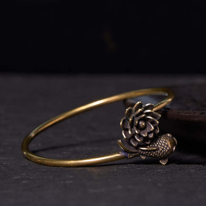 Lotus Flower Koi Fish Copper Brass Enlightenment Luck Bracelet Bangle