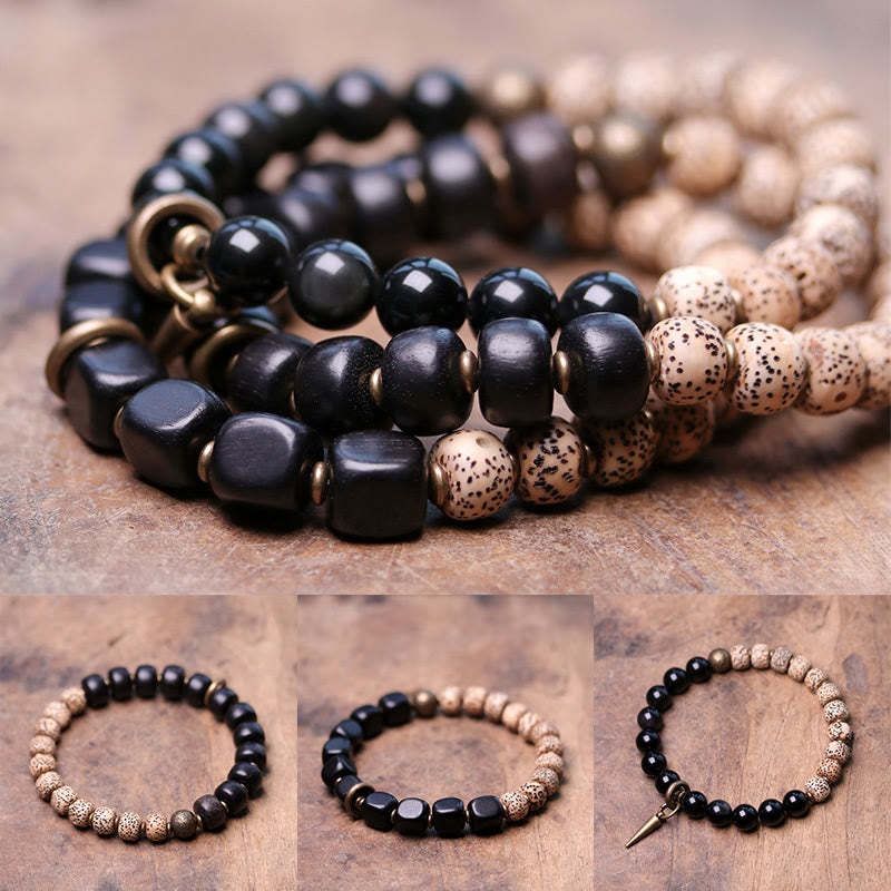 Tibetan Bodhi Seed Black Obsidian Ebony Wood Copper Peace Bracelet