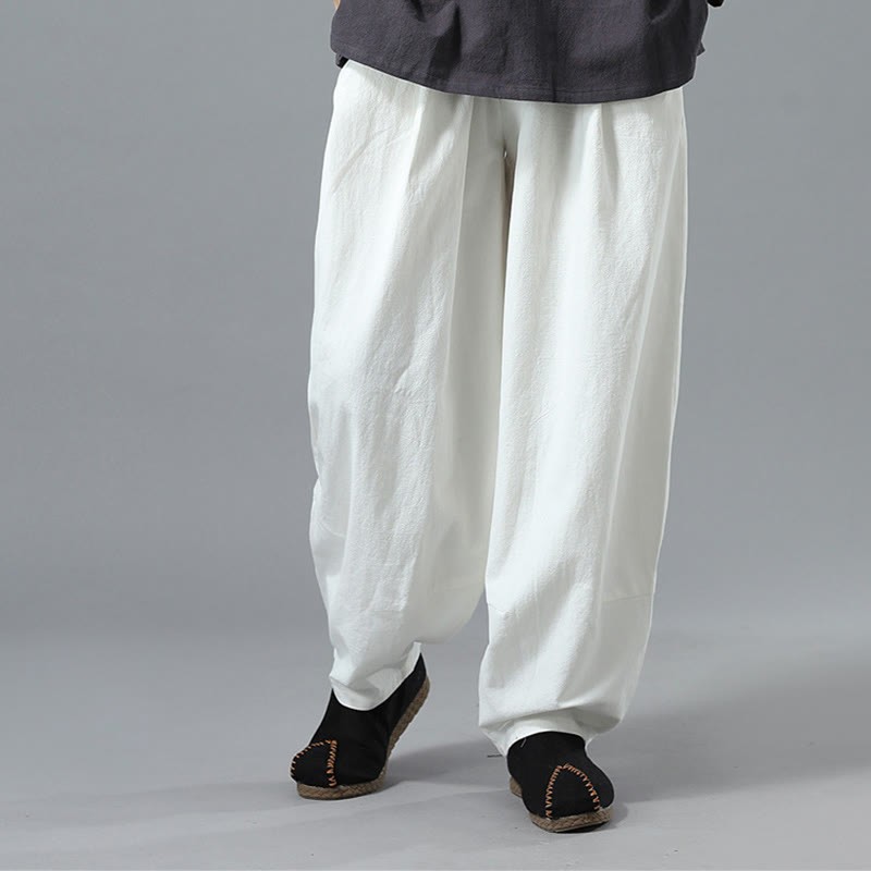 Casual Solid Color Drawstring Cotton Linen Men's Pants With Pockets