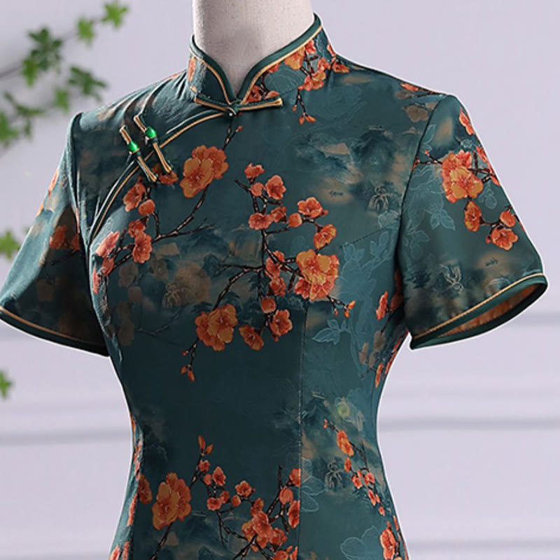 Retro Flower Lotus Peony Feather Print Qipao Dress Women's Cheongsam Dress