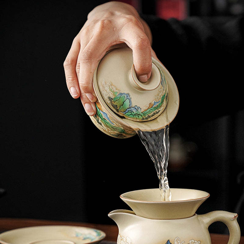 A Panorama of Rivers and Mountains Flowers Ceramic Gaiwan Sancai Teacup Kung Fu Tea Cup And Saucer With Lid