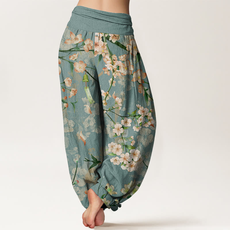 Peach Blossoms Flying Geese Pattern Women's Elastic Waist Harem Pants