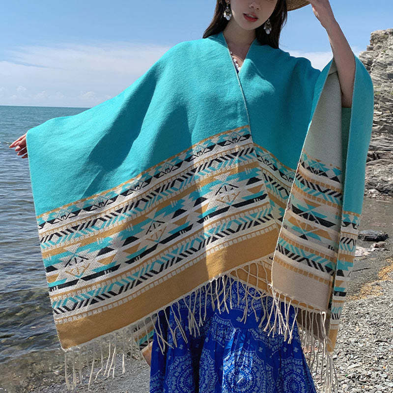 Tibetan Geometric Rhombus Pattern Tassels Shawl Fall Winter Warm Cozy Scarf Wrap