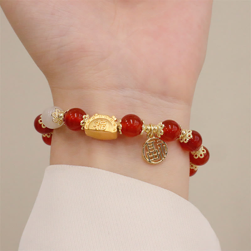 Year Of The Dragon Red Agate Strawberry Quartz Black Obsidian Jade Garnet Pearl Cinnabar Dumpling Dragon Luck Fu Character Bracelet