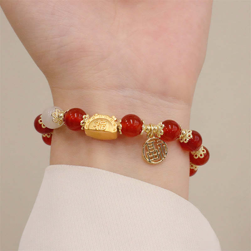 Year Of The Dragon Red Agate Strawberry Quartz Black Obsidian Jade Garnet Pearl Cinnabar Dumpling Dragon Luck Fu Character Bracelet