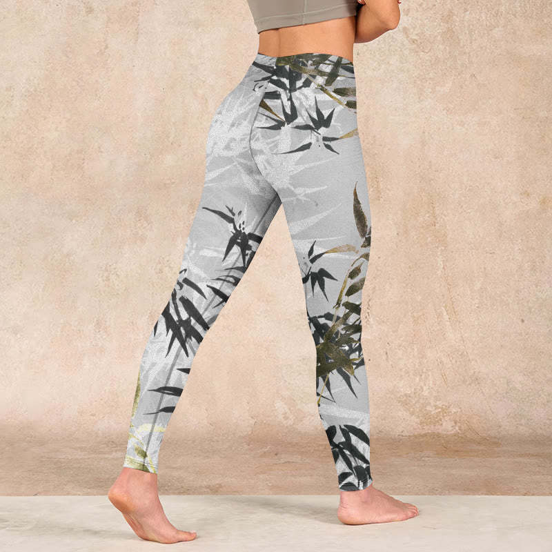 Dark Gray Bamboo Leaves Print Gym Leggings Women's Yoga Pants