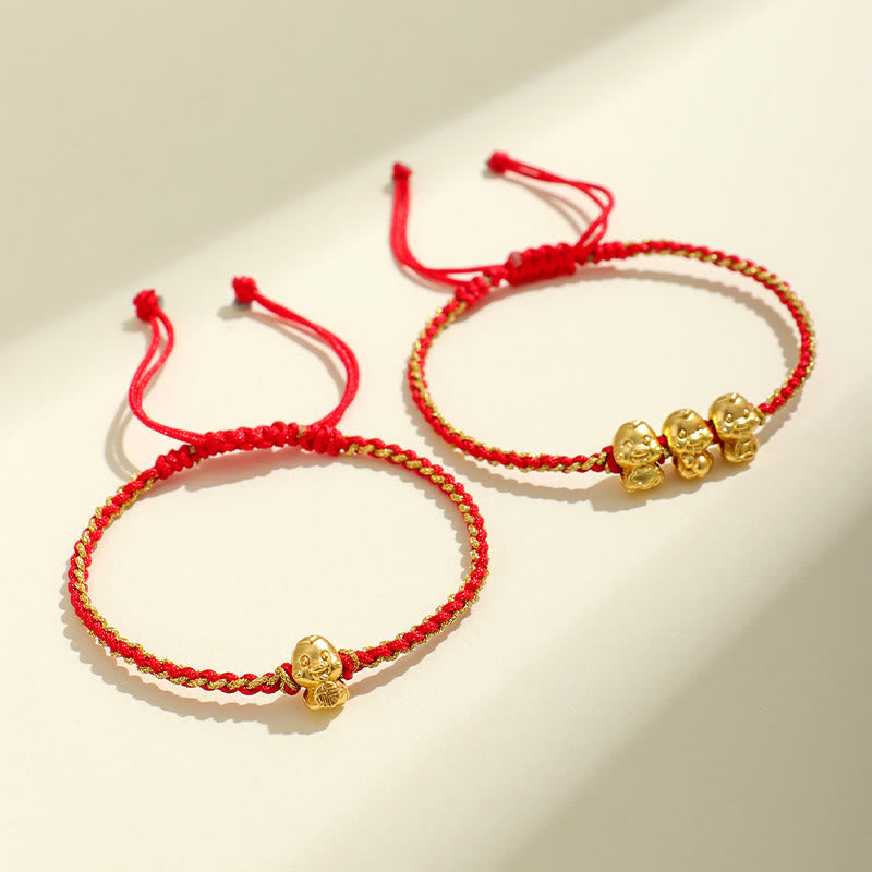 Handmade 999 Sterling Silver Golden Year Of Snake Fu Auspicious Clouds Ingot Copper Coins Red String Fortune Braided Bracelet
