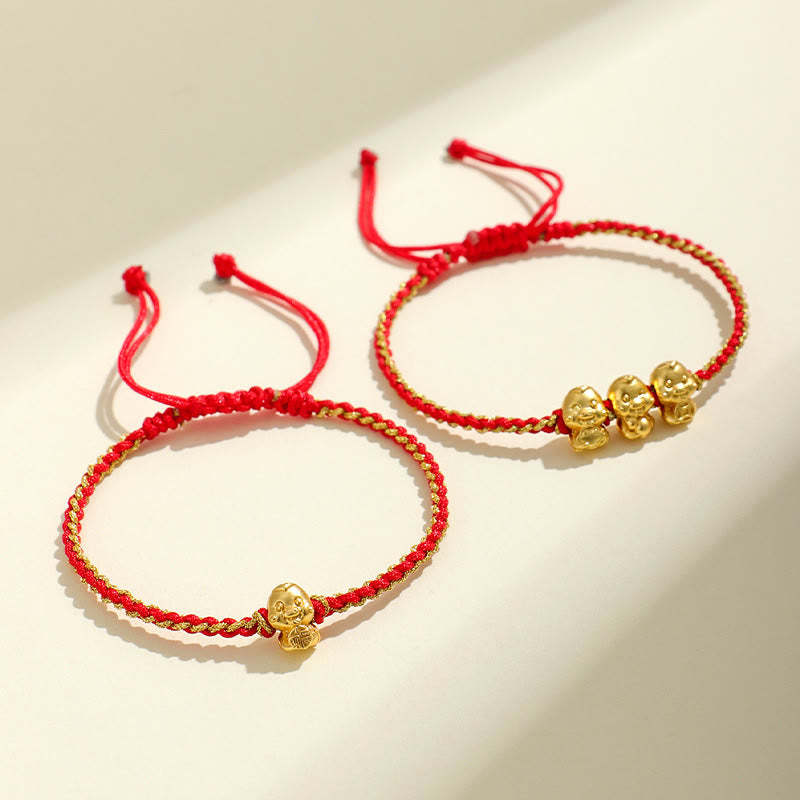 Handmade 999 Sterling Silver Golden Year Of Snake Fu Auspicious Clouds Ingot Copper Coins Red String Fortune Braided Bracelet