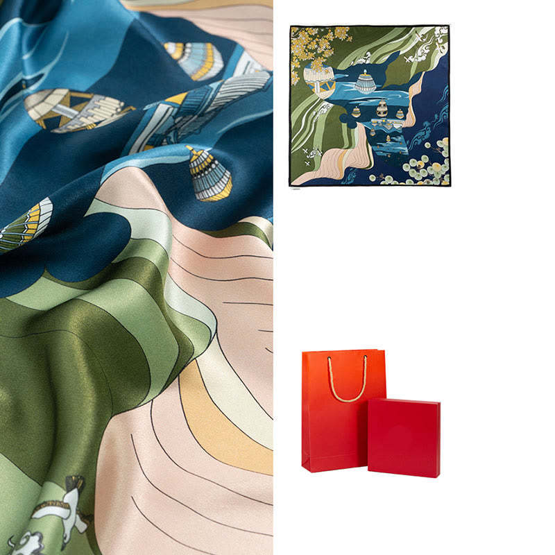Jungle Oil Painting Auspicious Clouds 100% Mulberry Silk Scarf Premium Grade 6A Double-sided Silk Neck Scarf