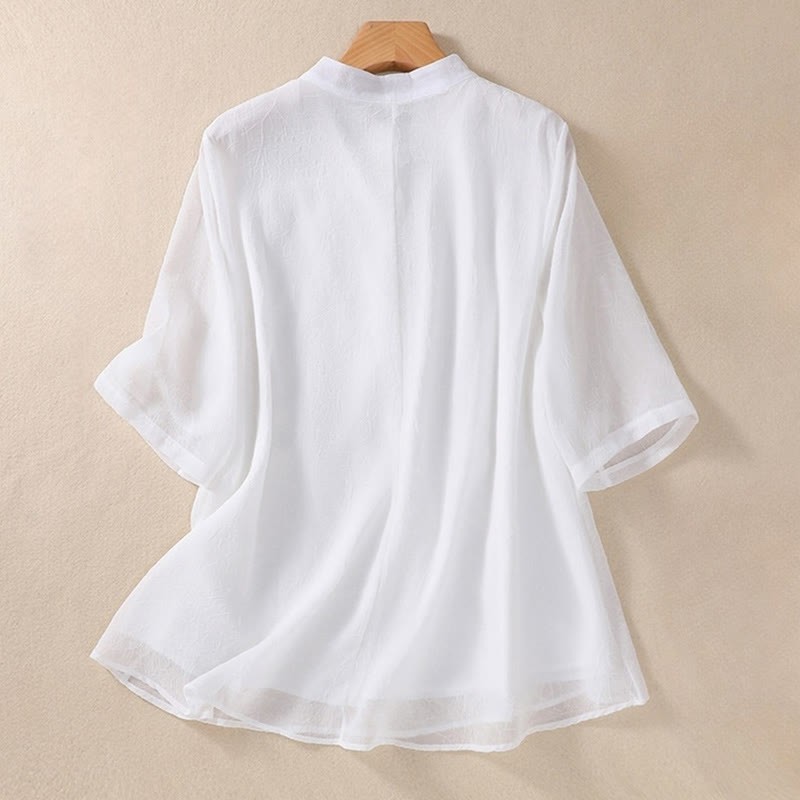 Embroidery Plants Flower Half Sleeve Plain Frog-Button Stand Collar Women's Shirt