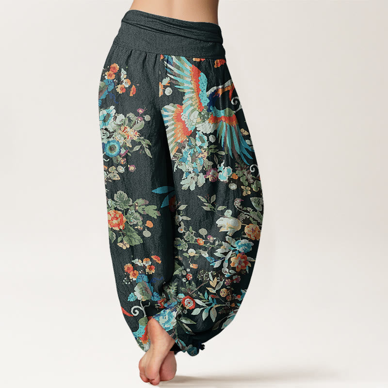 Colorful Flowers Birds Leaves Pattern Women's Elastic Waist Harem Pants