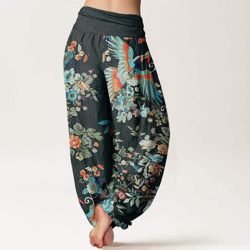 Colorful Flowers Birds Leaves Pattern Women's Elastic Waist Harem Pants