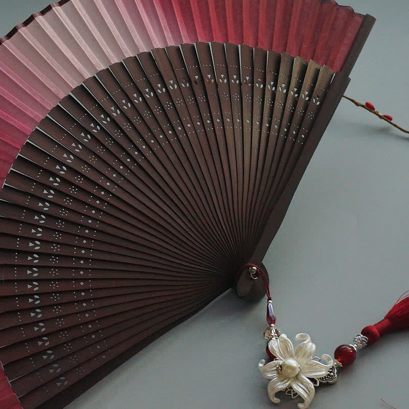 Red Lily Tassel Hollow Rib Silk Handheld Bamboo Folding Fan