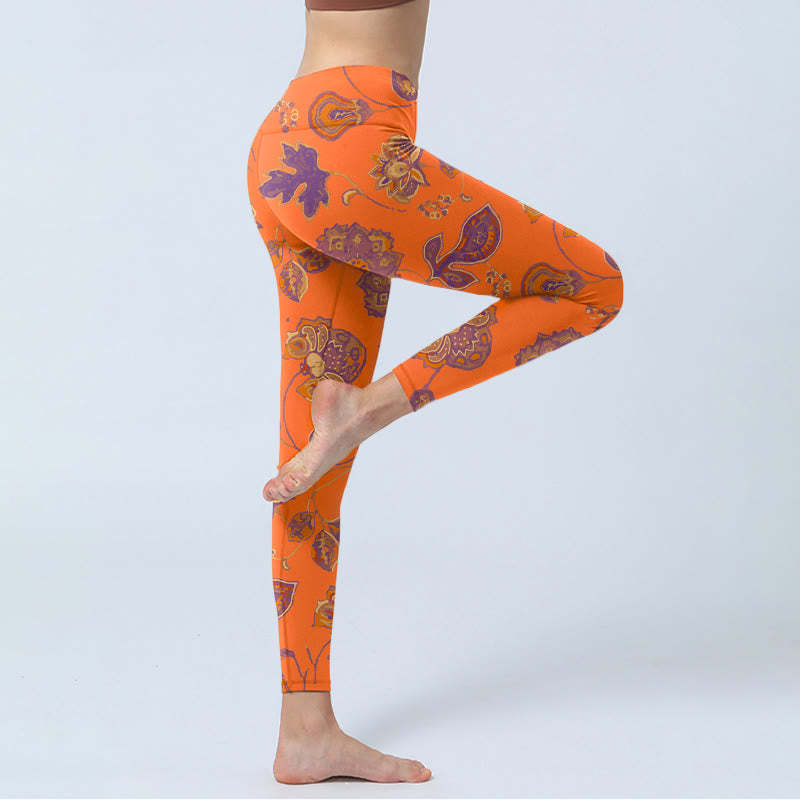 Orange Maple Leaves Flowers Print Gym Leggings Women's Yoga Pants