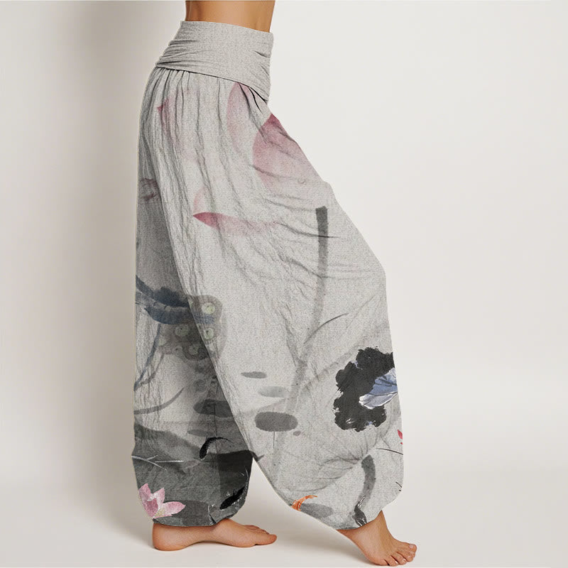 Ink Lotus Flowers Leaves Koi Fish Pattern Women's Elastic Waist Harem Pants