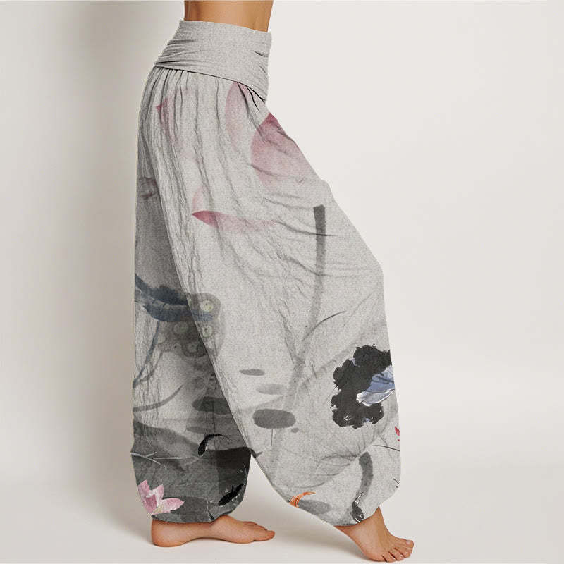 Ink Lotus Flowers Leaves Koi Fish Pattern Women's Elastic Waist Harem Pants