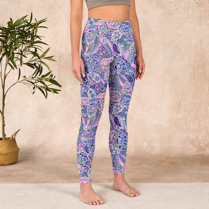 Purple Pink Cashew Flower Print Gym Fitness Leggings Women's Yoga Pants