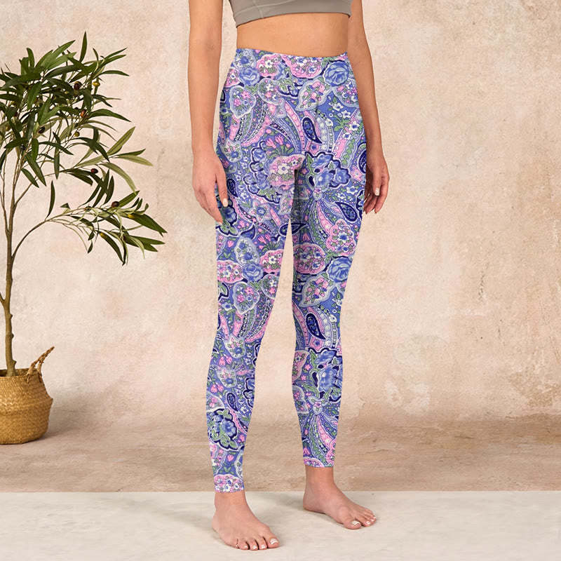 Purple Pink Cashew Flower Print Gym Fitness Leggings Women's Yoga Pants