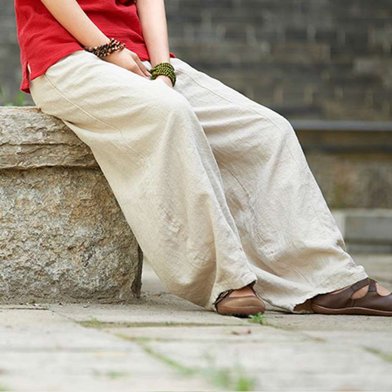 Casual Plain Color Elastic Waistband Fleece Lined Cotton Ramie Women's Pants With Pockets